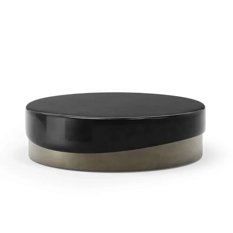 Superior Capital Merian coffee table with a glossy black lacquered surface and satin-finish gray-brown metallic base