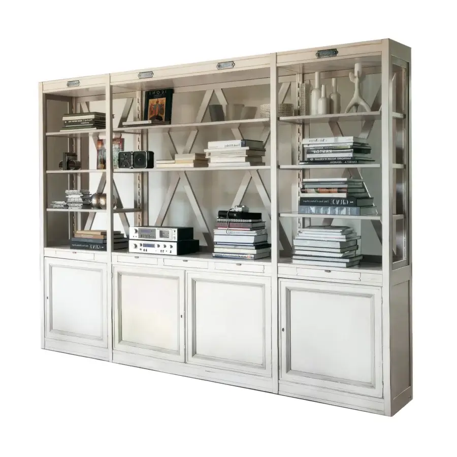 Distinguished Faber Mobili Khaju bookcase crafted in wood with matte light gray finish and antiqued metal accents