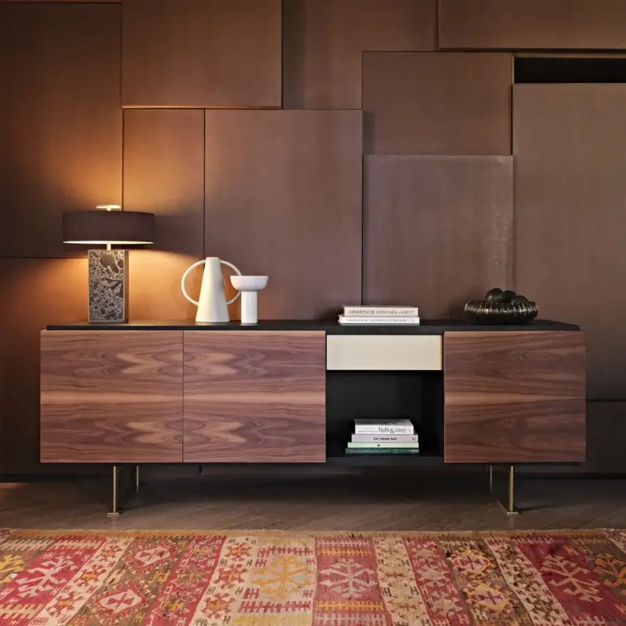Superior Black Tie Sira sideboard crafted in Italy with dark brown wood and off-white panel, boasting a satin sheen and slender metal legs
