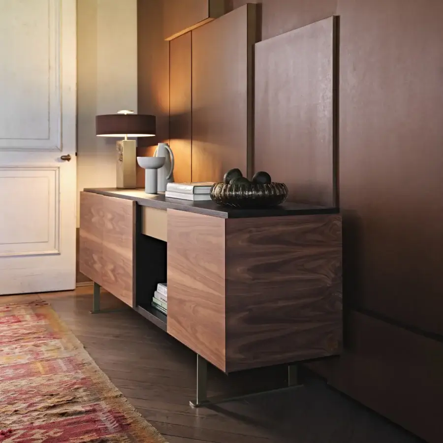 Refined Black Tie Sira sideboard crafted in Italy with warm wood tones and angled metal legs in satin sheen