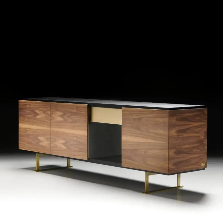 Distinguished Black Tie Sira sideboard crafted in Italy with warm brown wood, a sleek black top and golden-toned metal legs in satin finish