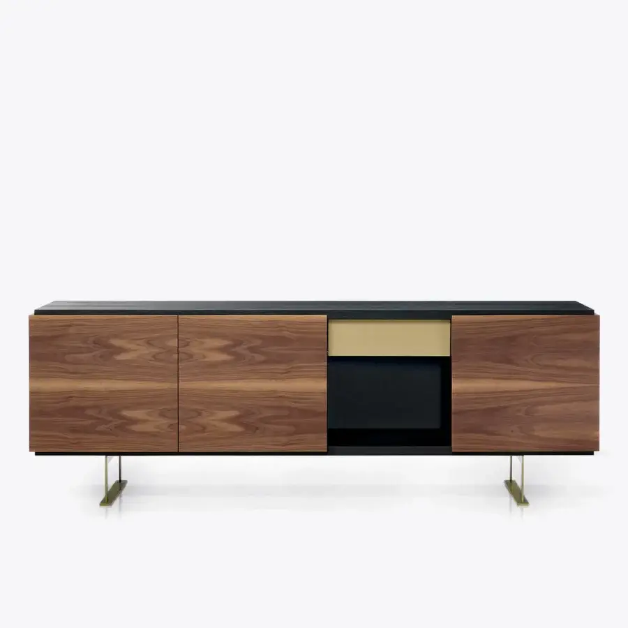 Superior Black Tie Sira sideboard crafted in Italy with warm wood, dark upper surface and golden drawer with brass-colored metal legs