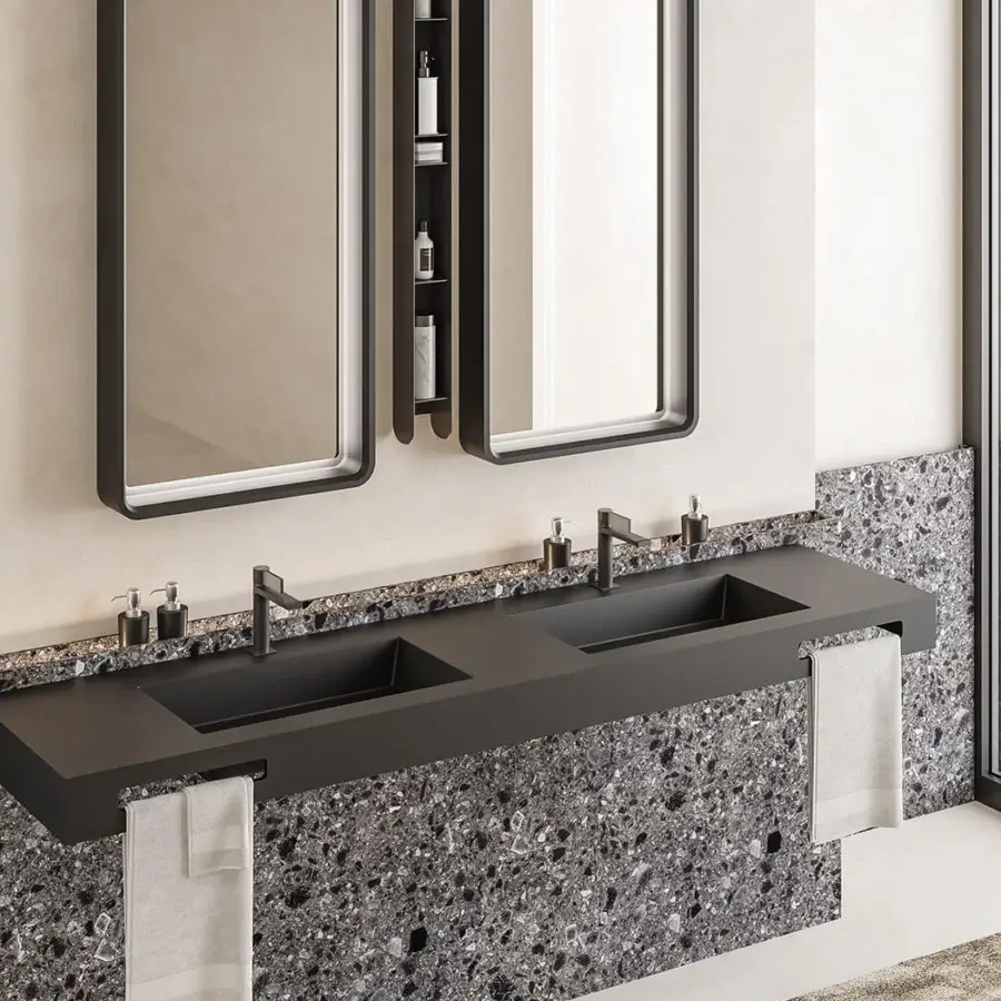 Distinguished Norah Design MCVSPC05-06-07 mirror with dark gray Norahcryl framing and integrated support shelves