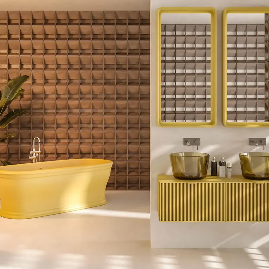 Exceptional Norah Design MCVSPC05-06-07 mirror in vibrant yellow Norahcryl with a velvety matt texture and integrated LED backlighting