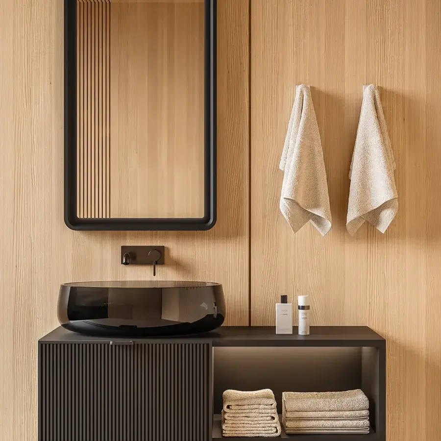 Exceptional Norah Design MCVSPC05-06-07 mirror built in dark Norahcryl with velvety matte texture and recessed detailing