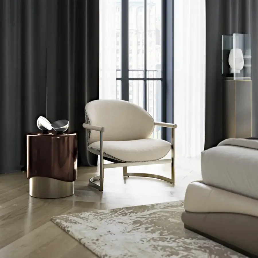 Exceptional Capital Merian side table with dark reddish-brown lacquered surface and bright silver satin-sheen metallic base