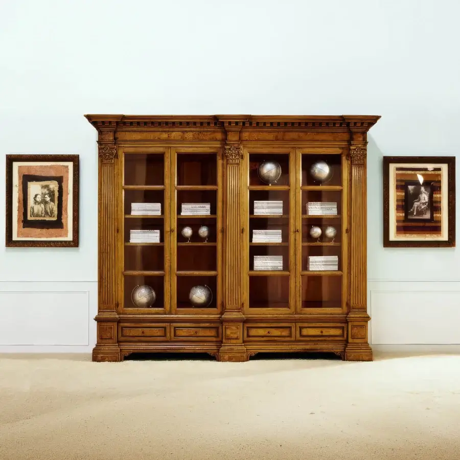 Exceptional Faber Mobili Firenzuola bookcase with oak burl details and satin finish, crafted in warm brown with glass doors