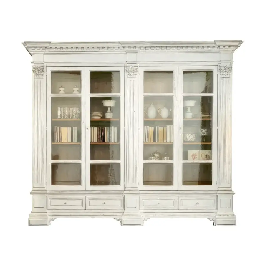 Superior Faber Mobili Firenzuola bookcase crafted in oak with oak burl details and a matte distressed finish