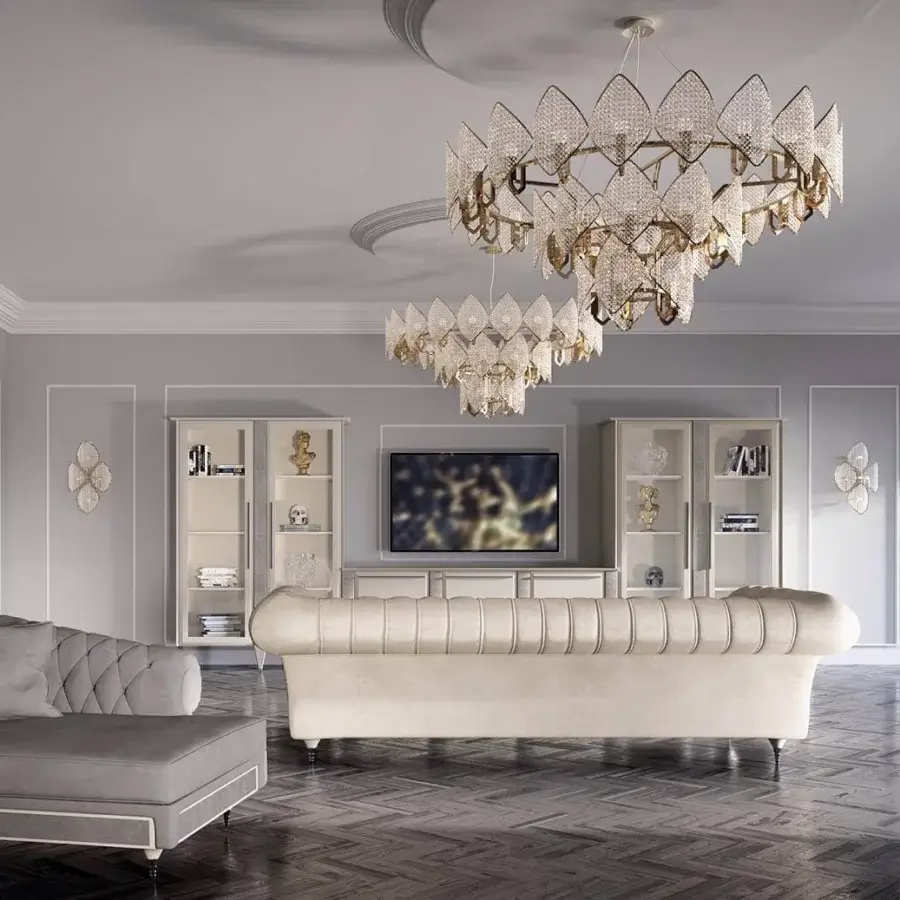Elegant Patrizia Garganti Holly Units chandelier in neutral beige-grey with satin wood and gem-like detailing