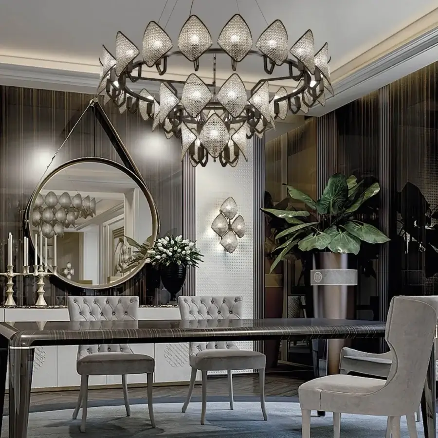 Superior Patrizia Garganti Holly Units chandelier in silver-toned metal with frosted translucent rhombus elements radiating rings