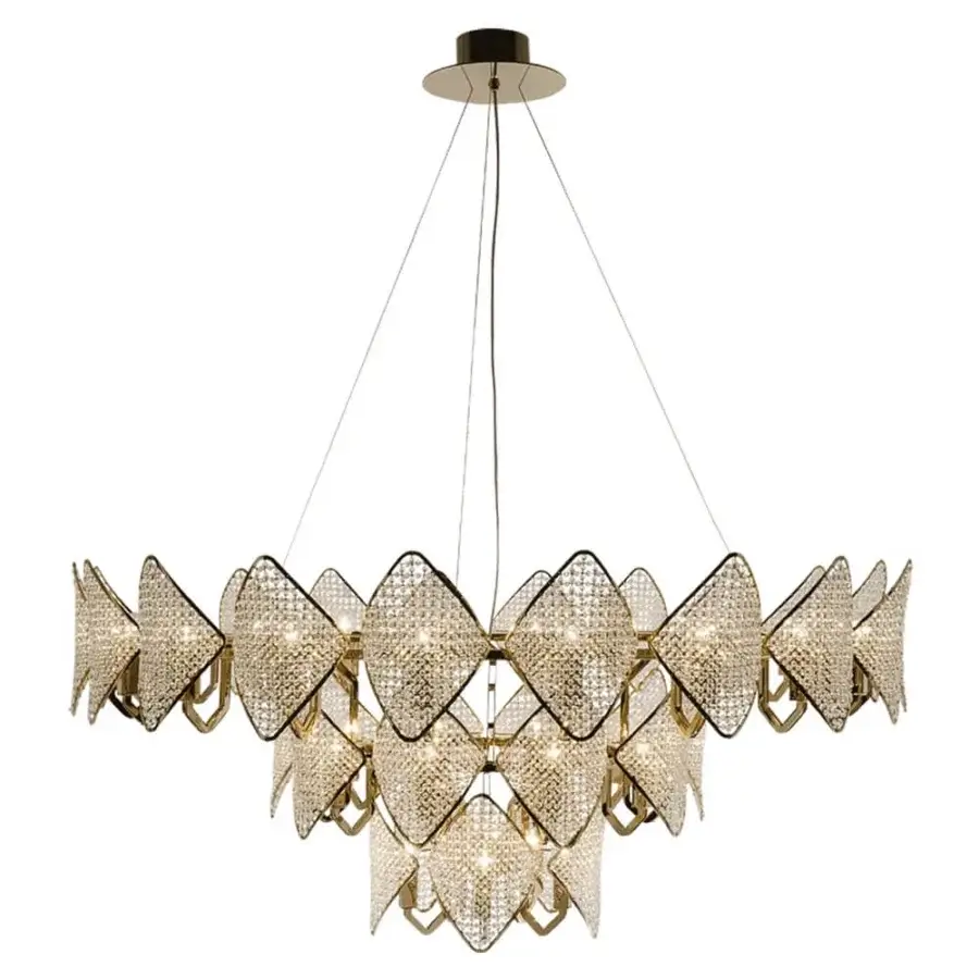 Distinguished Patrizia Garganti Holly Units chandelier in gold-toned metal crafted with translucent glass petal-like structures diffusing warm light