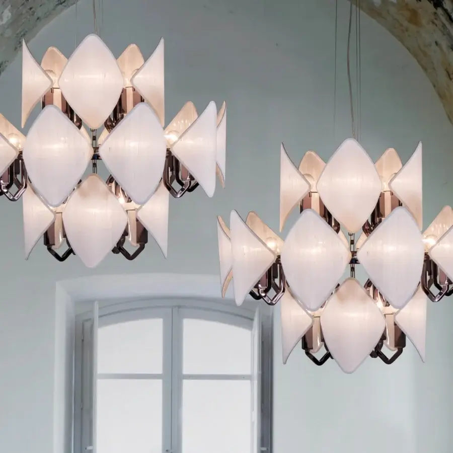 Exceptional Patrizia Garganti Holly Units chandelier in rose-gold metallic finish crafted with translucent petal-shaped elements surrounding light sources