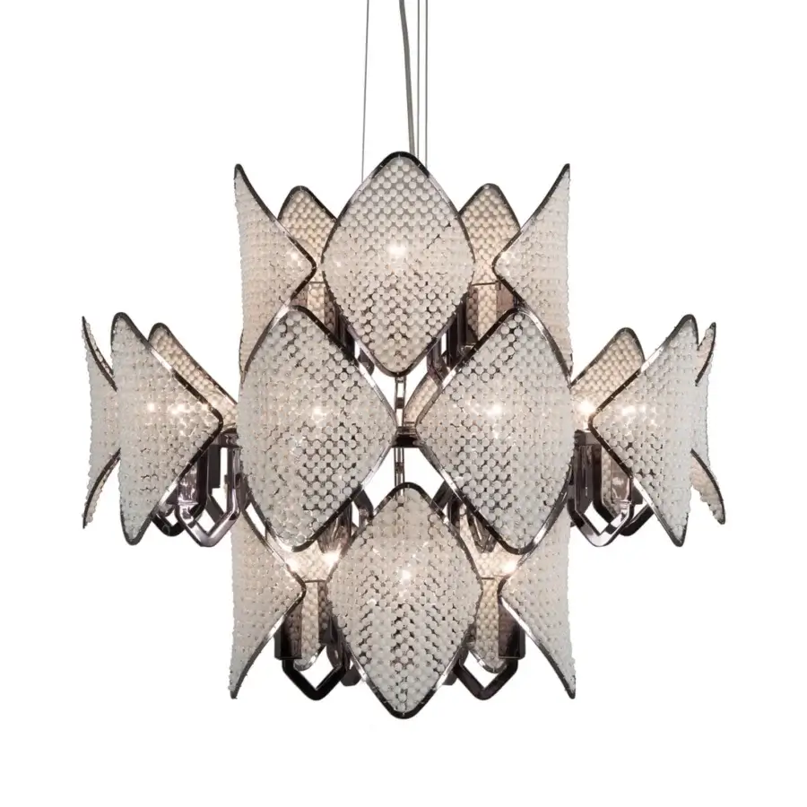 Elegant Patrizia Garganti Holly Units chandelier with silvery-grey polished metal built in translucent petal-like elements