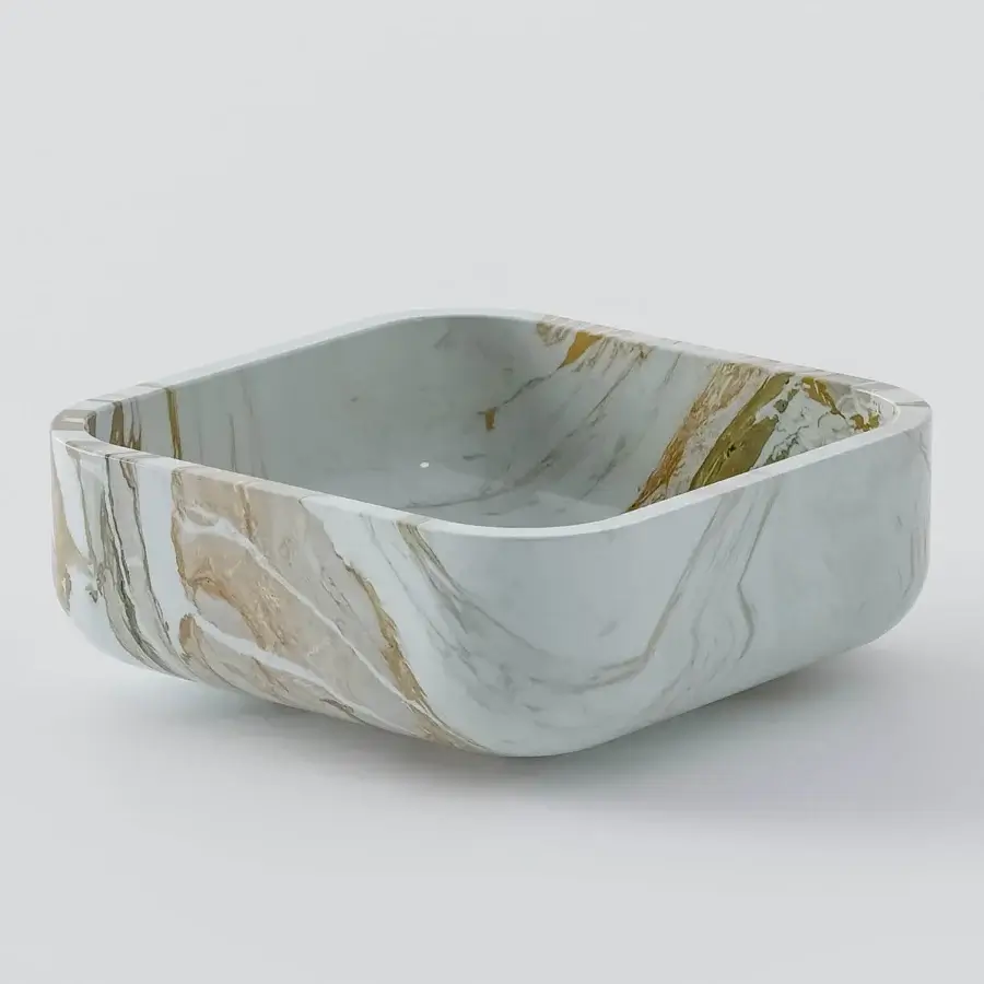 Distinguished Norah Design CUBA 04 washbasin crafted in pale green-grey Norahmarble with dramatic white, gold, and brown veining and polished finish