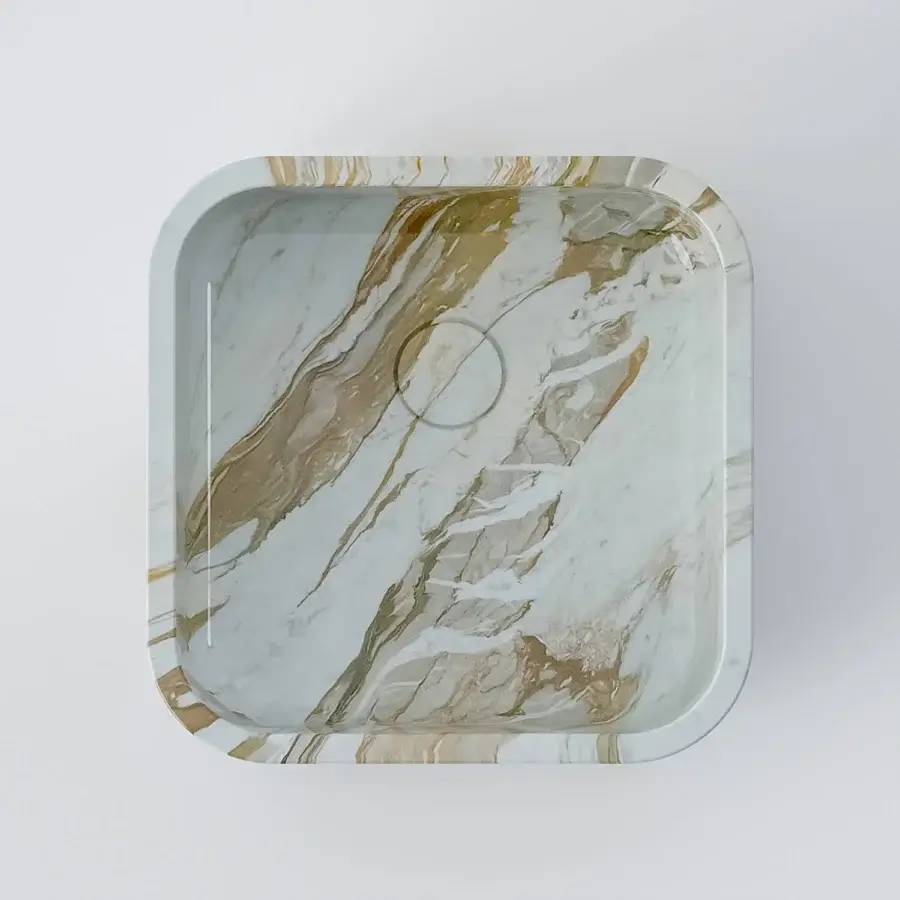 Architectural Norah Design CUBA 04 washbasin crafted in Norahmarble with polished white, gold and beige veining