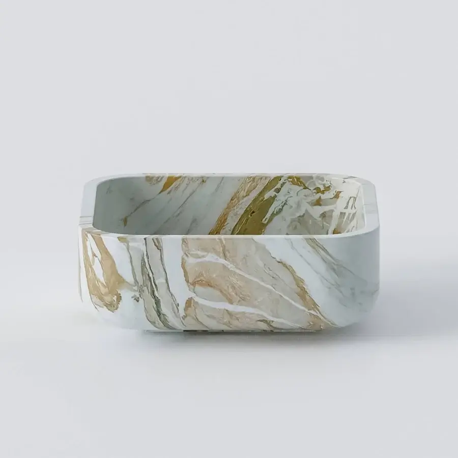 Captivating Norah Design CUBA 04 washbasin crafted in polished white Norahmarble with gold and green veining