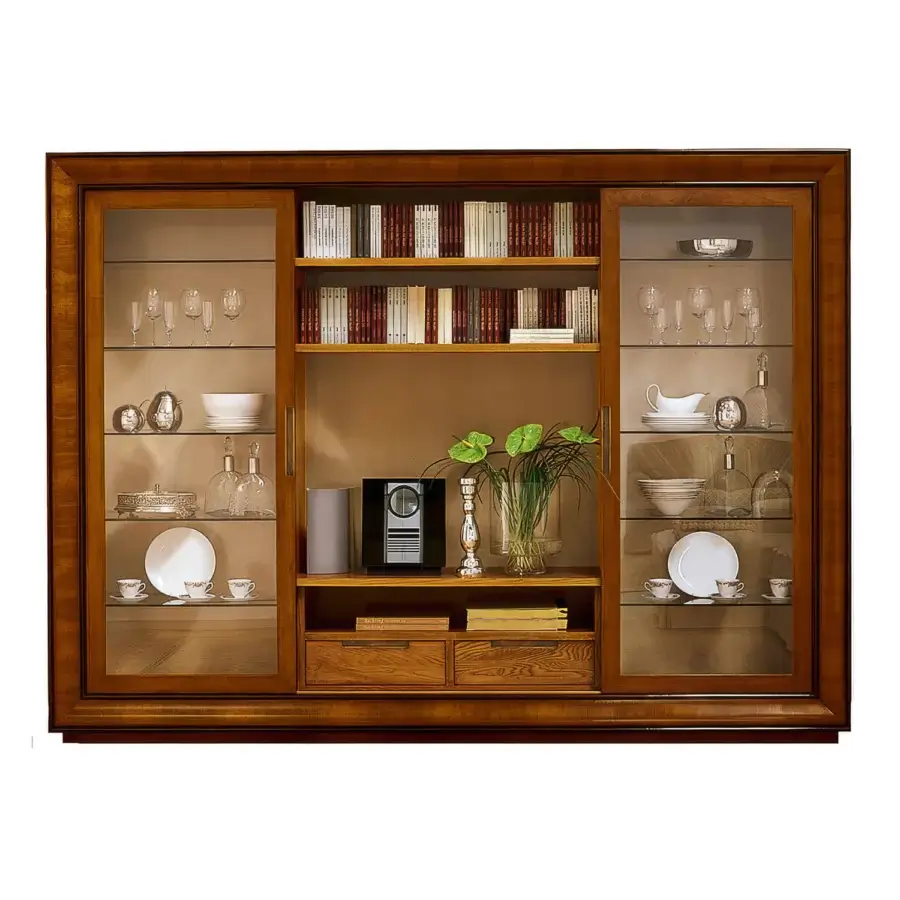 Refined Faber Mobili Topkapi bookcase in walnut with glossy lacquered finish and shaped crotch frame showcasing glass-fronted cabinets