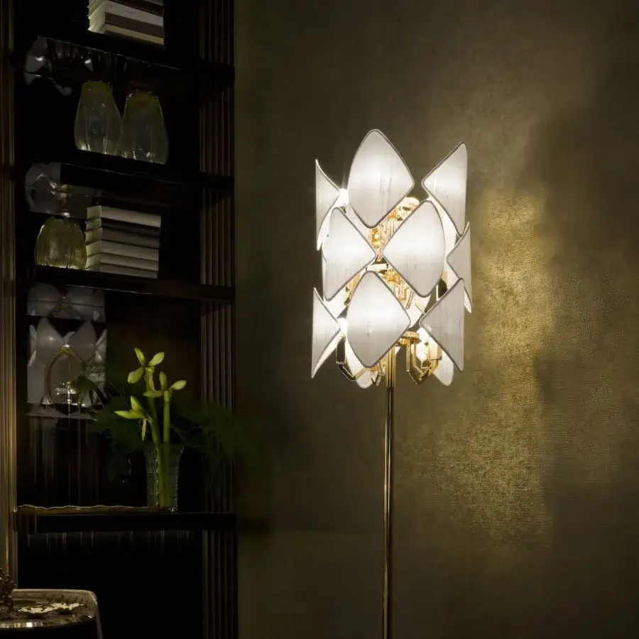 Exceptional Patrizia Garganti Holly floor lamp with a glossy golden-toned metal framework and translucent petal-like forms