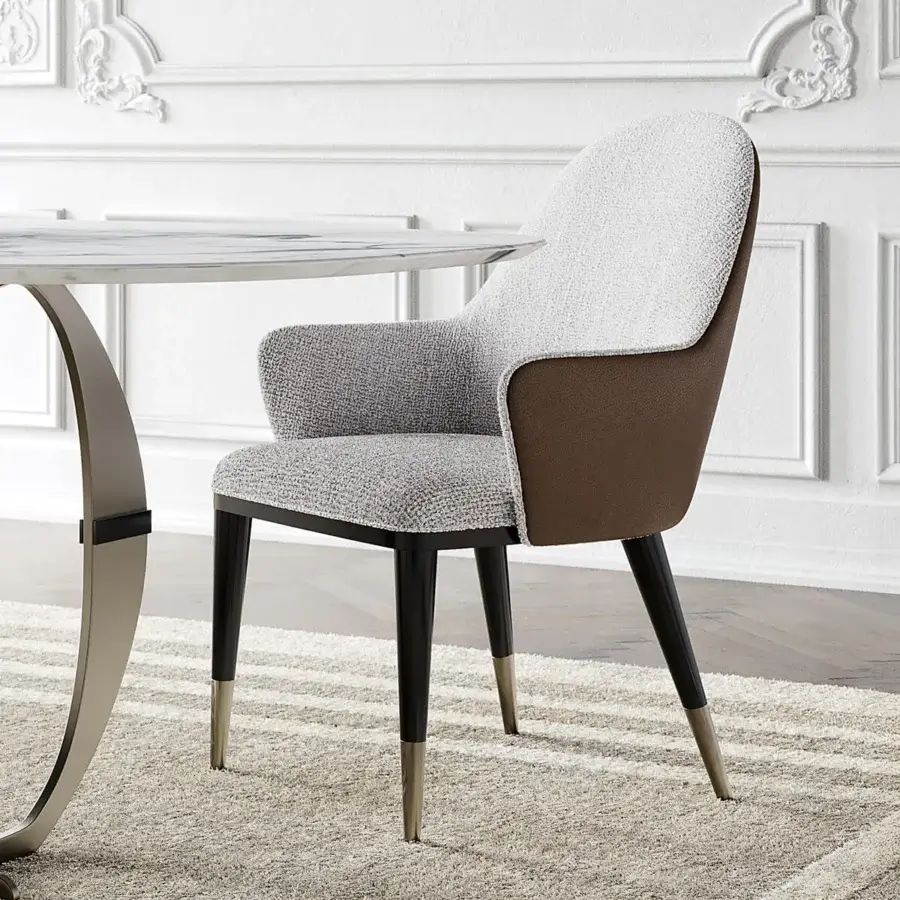 Elegant Capital Adele armchair crafted in Italy with light gray bouclé-like textile and sleek metal-finished feet