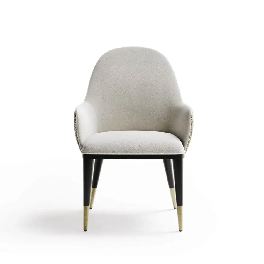 Exceptional Capital Adele armchair crafted in Italy with textured neutral beige textile and sleek dark-toned legs with metal feet