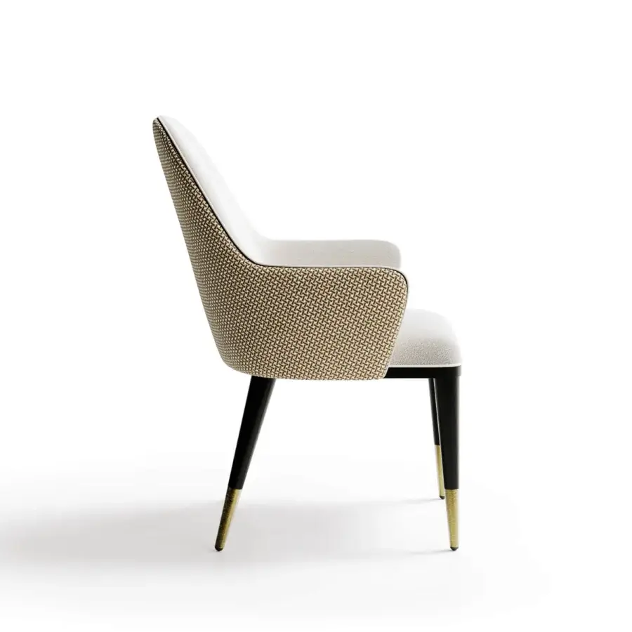 Lavish Capital Adele armchair built in Italy with plush beige and gold textile and satin-finish wooden legs