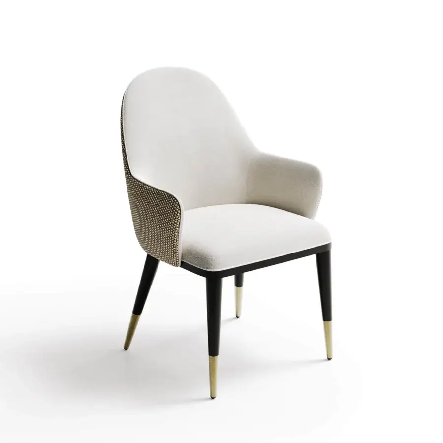 Exceptional Capital Adele armchair built with lavish off-white textile, patterned armrests and refined metal-finished feet crafted in Italy