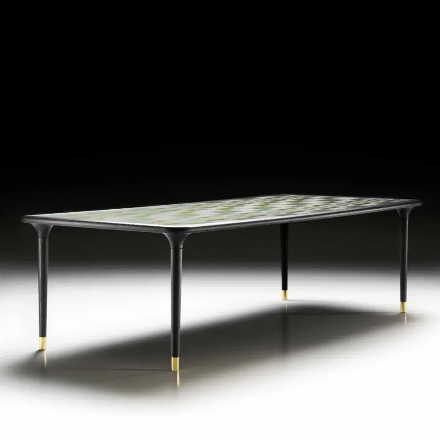 Distinguished Black Tie Caius table crafted in Italy with dark satin-finished wood and mottled green-yellow beneath a translucent top
