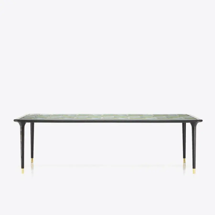 Superior Black Tie Caius table crafted in Italy with a mosaic tabletop showcasing black, green, and blue rectangular elements with gold accents