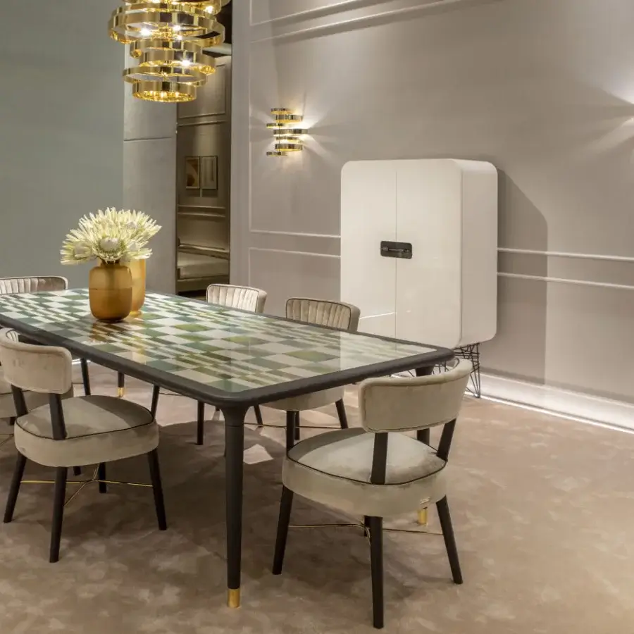 Elegant Black Tie Caius table with geometric glass tabletop and matte black metal frame with gold accents