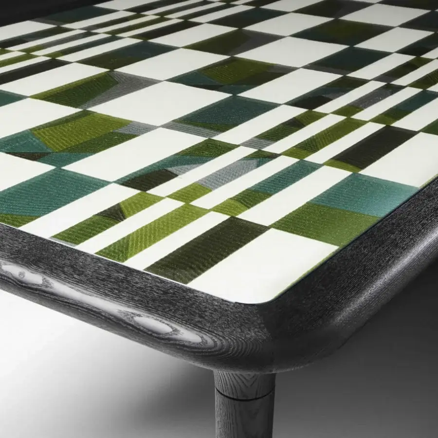 Distinguished Black Tie Caius table crafted in Italy with abstract green and dark blue checkered tabletop and stained wood frame