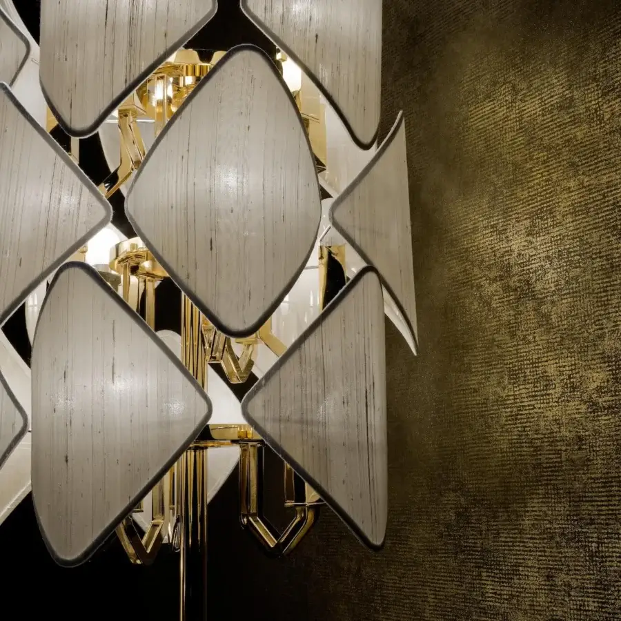 Distinguished Patrizia Garganti Holly floor lamp with rhombus textile shades and polished golden metal frame