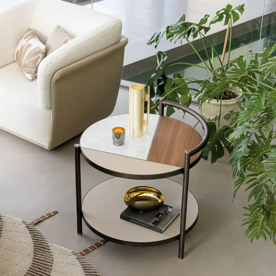 Lavish Capital Allure lounge chair upholstered in light beige textile with a satin finished wooden base and metal accents