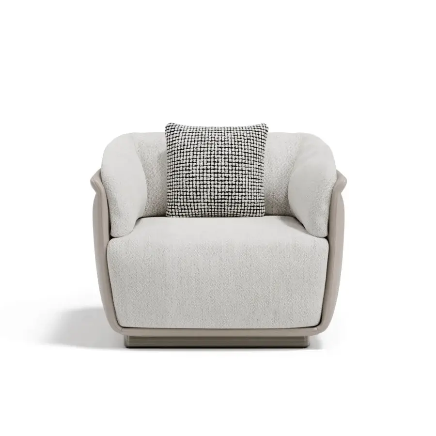 Elegant Capital Allure lounge chair upholstered in black and white geometric bouclé textile with a crafted wooden base