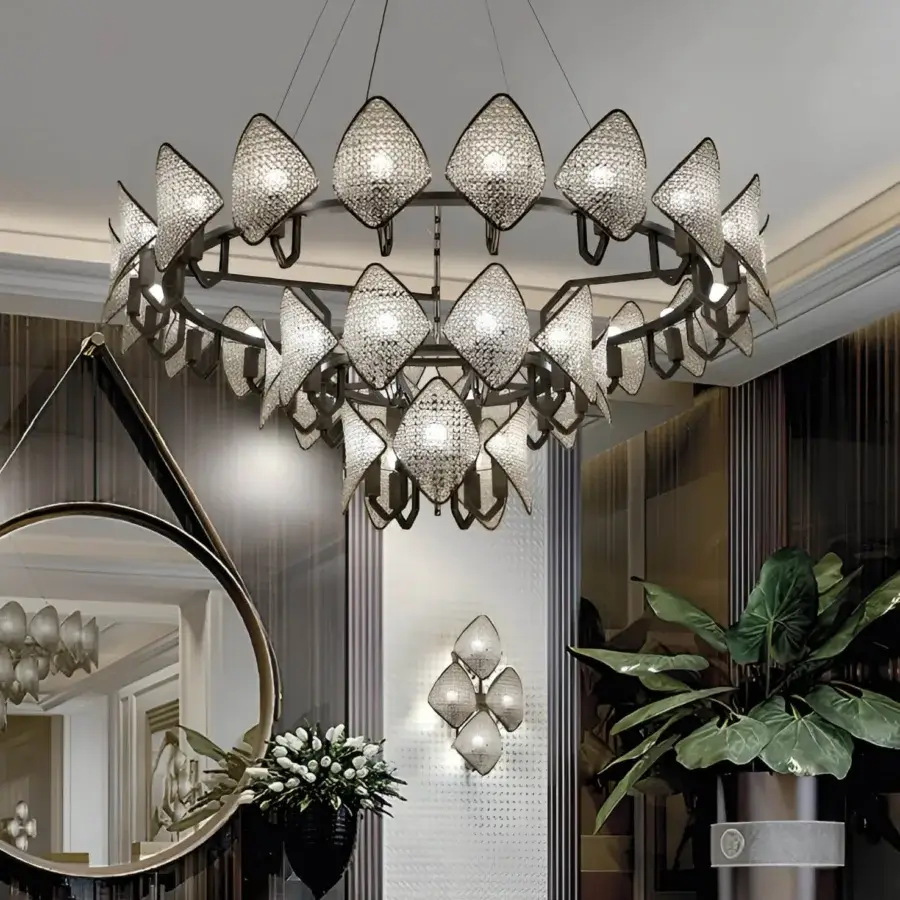 Distinguished Patrizia Garganti Holly Units chandelier with cascading diamond shades crafted in textured metallic material and frosted glass