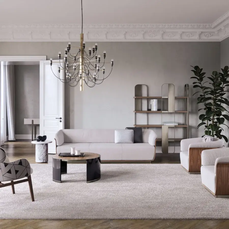 Lavish Capital Allure lounge chair with gray textile upholstery and a meticulously carved medium-toned wooden frame built in Italy