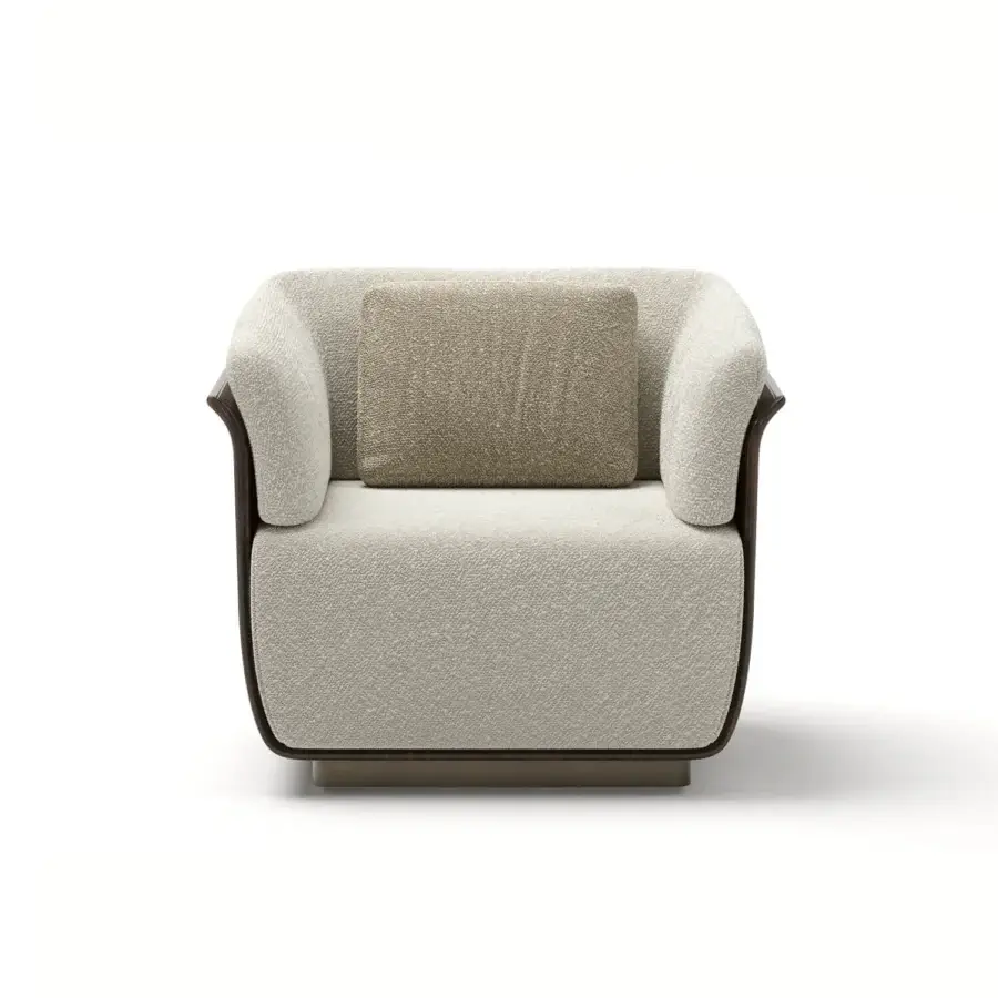 Distinguished Capital Allure lounge chair crafted in medium-tone brown wood with neutral beige textile upholstery and a satin finish