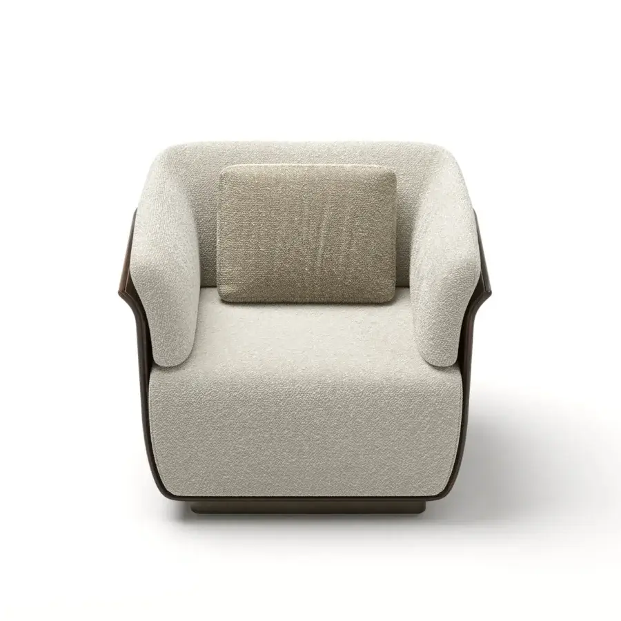Exceptional Capital Allure lounge chair with light neutral textile upholstery and a satin sheen carved wooden external frame