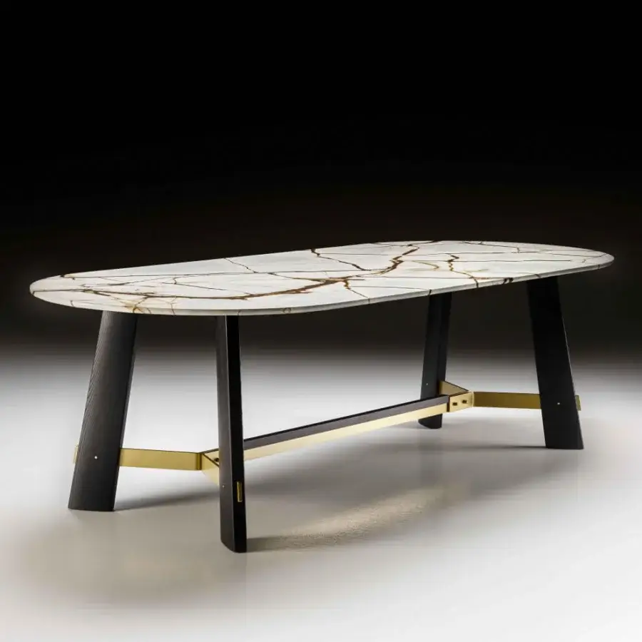 Elegant Black Tie Medison table with off-white marble and warm satin-finish wood, accented with matte gold detail