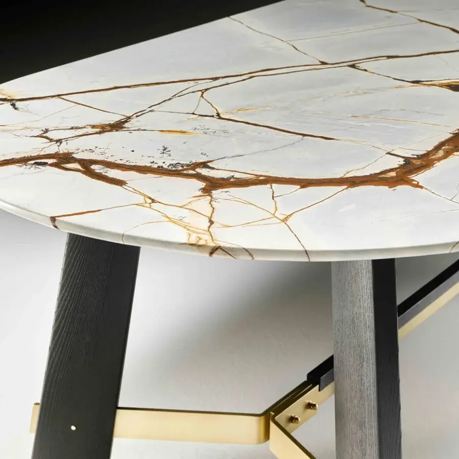 Superior Black Tie Medison table with white marble showcasing gold veining and dark-toned wood legs with matte gold accents