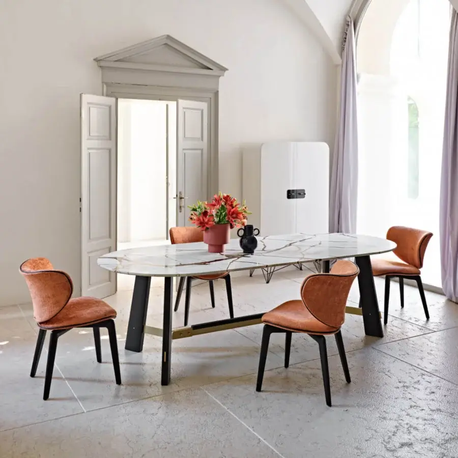 Superior Black Tie Medison table with white and grey veined marble tabletop and polished glossy finish built with a black angular metal base
