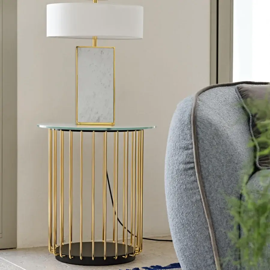Exceptional Black Tie Etan side table crafted with gold-toned metal and clear glass, featuring a black lacquered MDF base