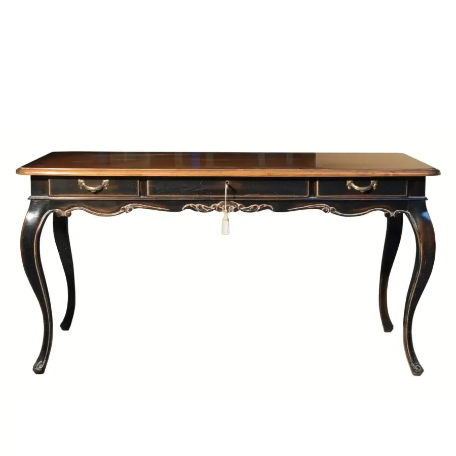 Superior Faber Mobili Tiepolo desk built in walnut with softly rounded form, ornate carvings and satin dark black coating