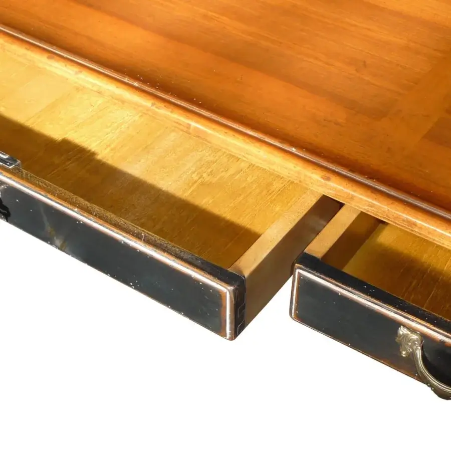 Exceptional Faber Mobili Tiepolo desk crafted in walnut with glossy golden-brown and dark drawer fronts showcasing visible wood grain