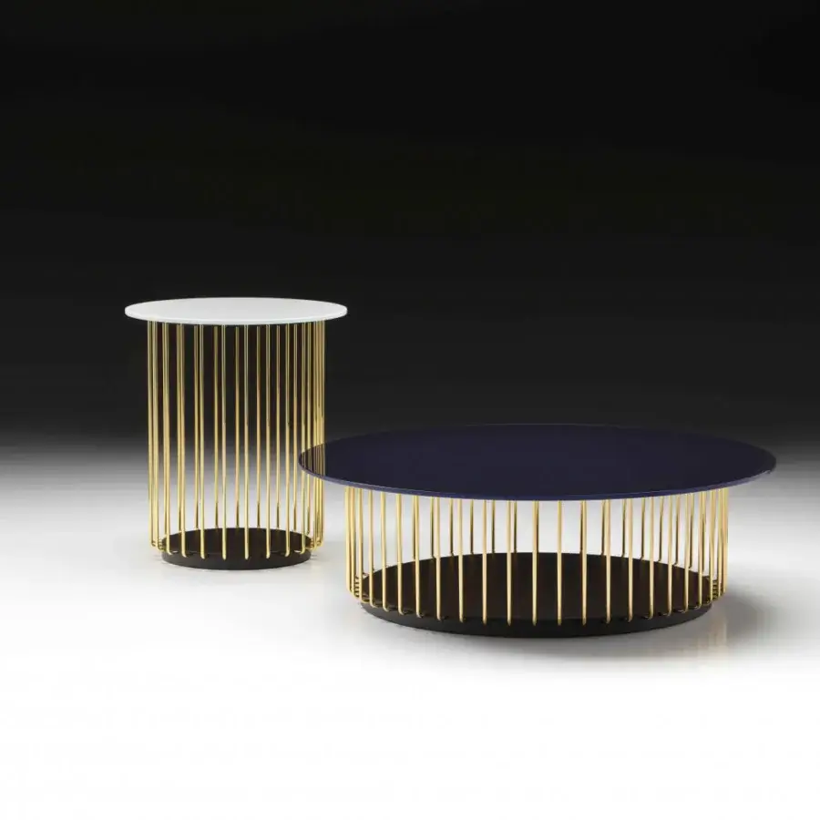 Distinguished Black Tie Etan side table with lacquered MDF base and sleek back-lacquered glass top supported by golden metal rods