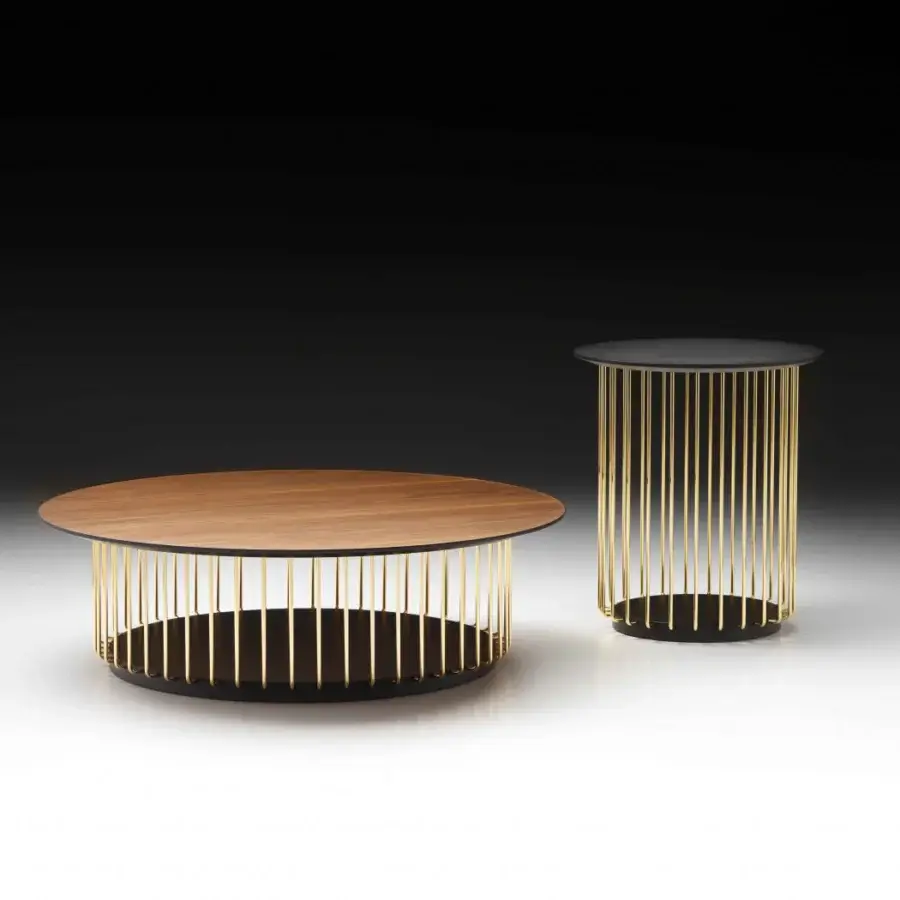 Exceptional Black Tie Etan side table crafted with wood-veneer tabletop and lacquered MDF, accented by gold-finished metal in a satin sheen