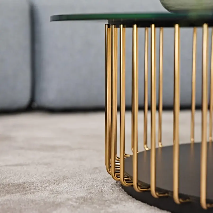 Distinguished Black Tie Etan coffee table with glossy golden metal and dark back-lacquered glass tabletop crafted in a refined round silhouette