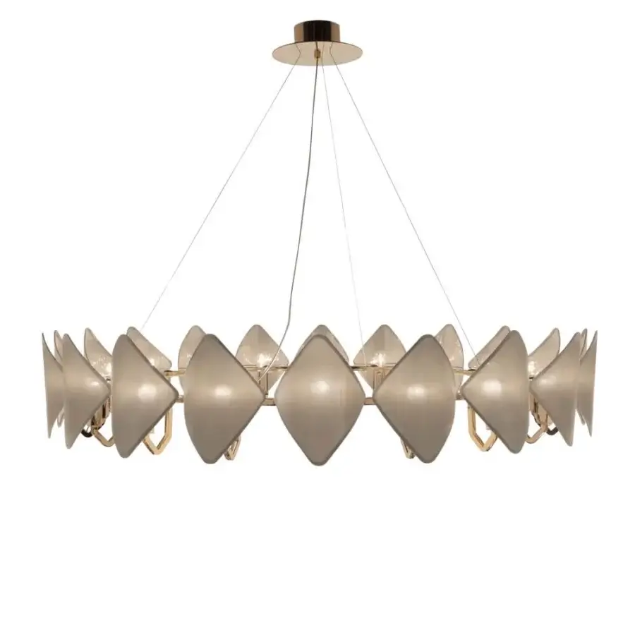 Exceptional Patrizia Garganti Holly suspension lamp crafted in warm gray metal with polished gold-tone detailing and diamond-shaped shades