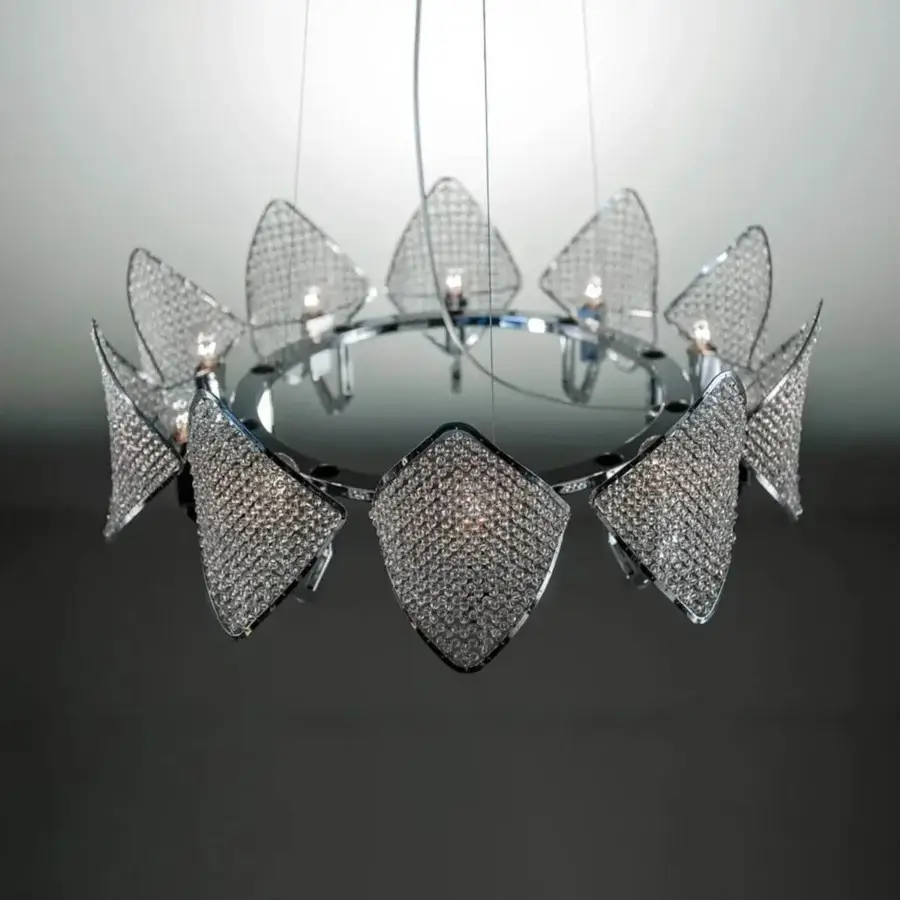 Luxury Patrizia Garganti Holly suspension lamp with crystalline modules and highly polished silver metallic finish