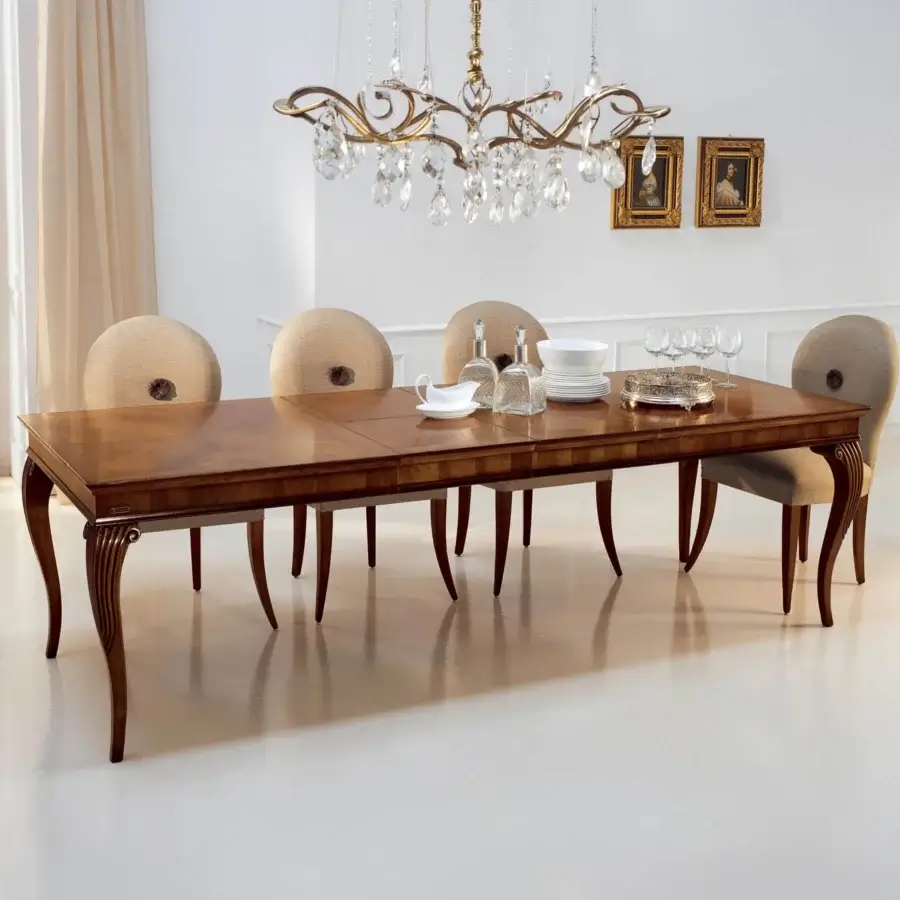 Elegant Faber Mobili Saint Matré table crafted in walnut with herringbone inlay and glossy finish for a classic appearance