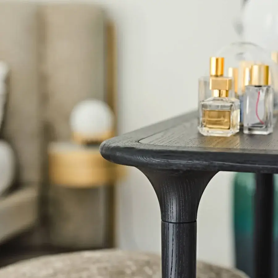 Superior Black Tie Livia console crafted in Italy with dark wood and a smooth matte finish highlighting grain
